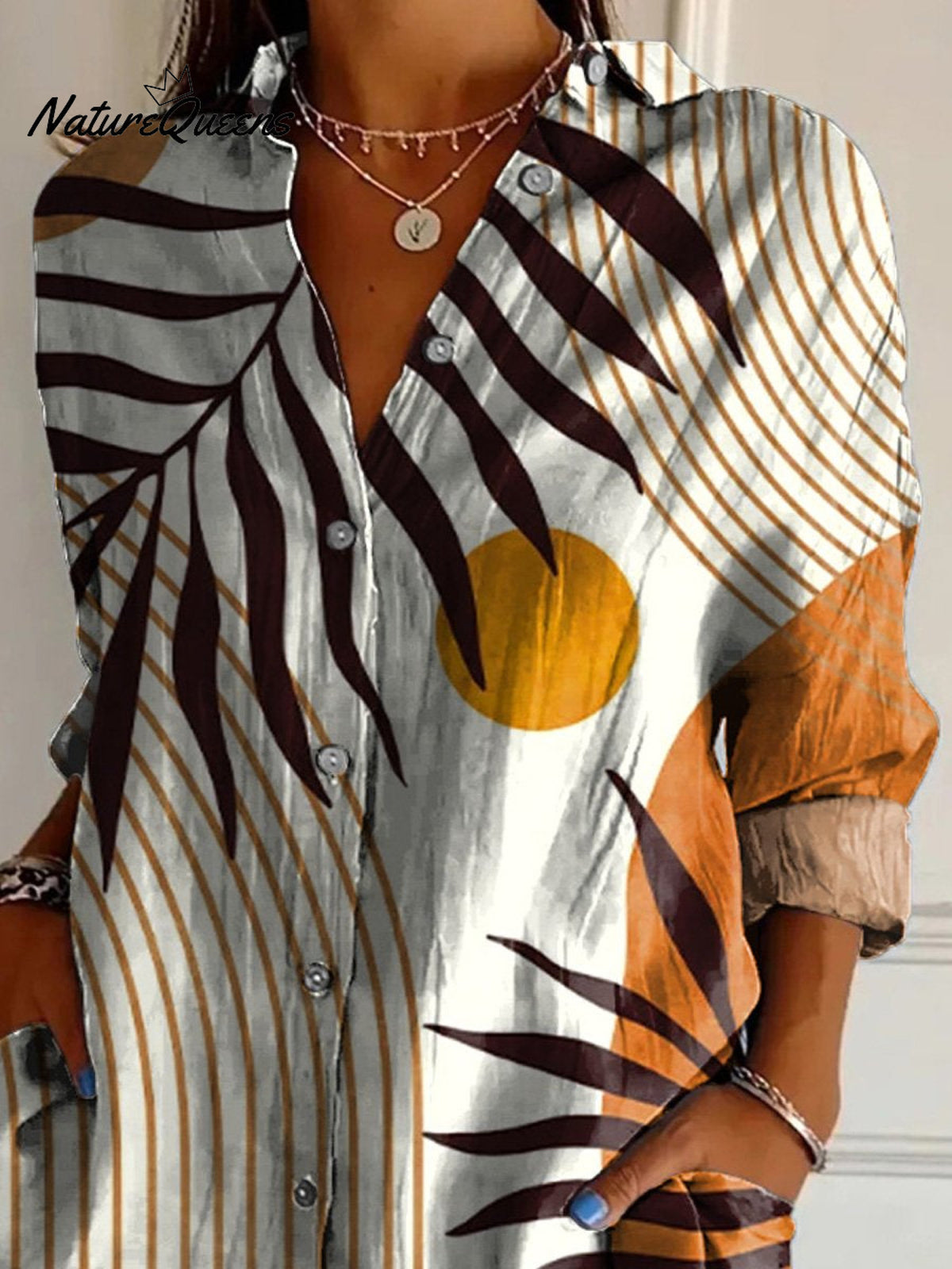 Modern Geometric Shape And Palm Tree Art Printed Women's Casual Cotton Shirt