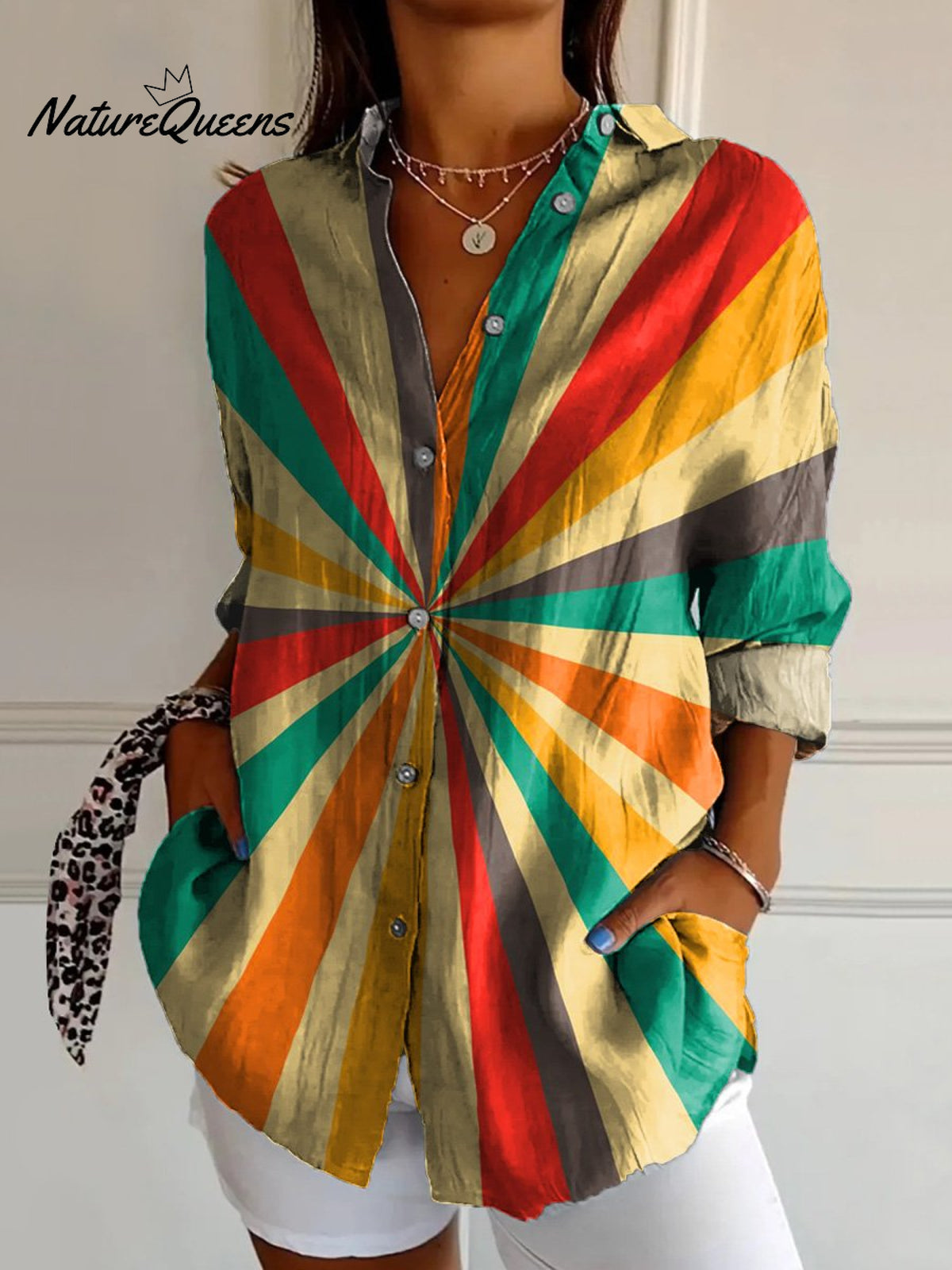 Vintage Geometric Pattern Printed Women's Casual Cotton Shirt