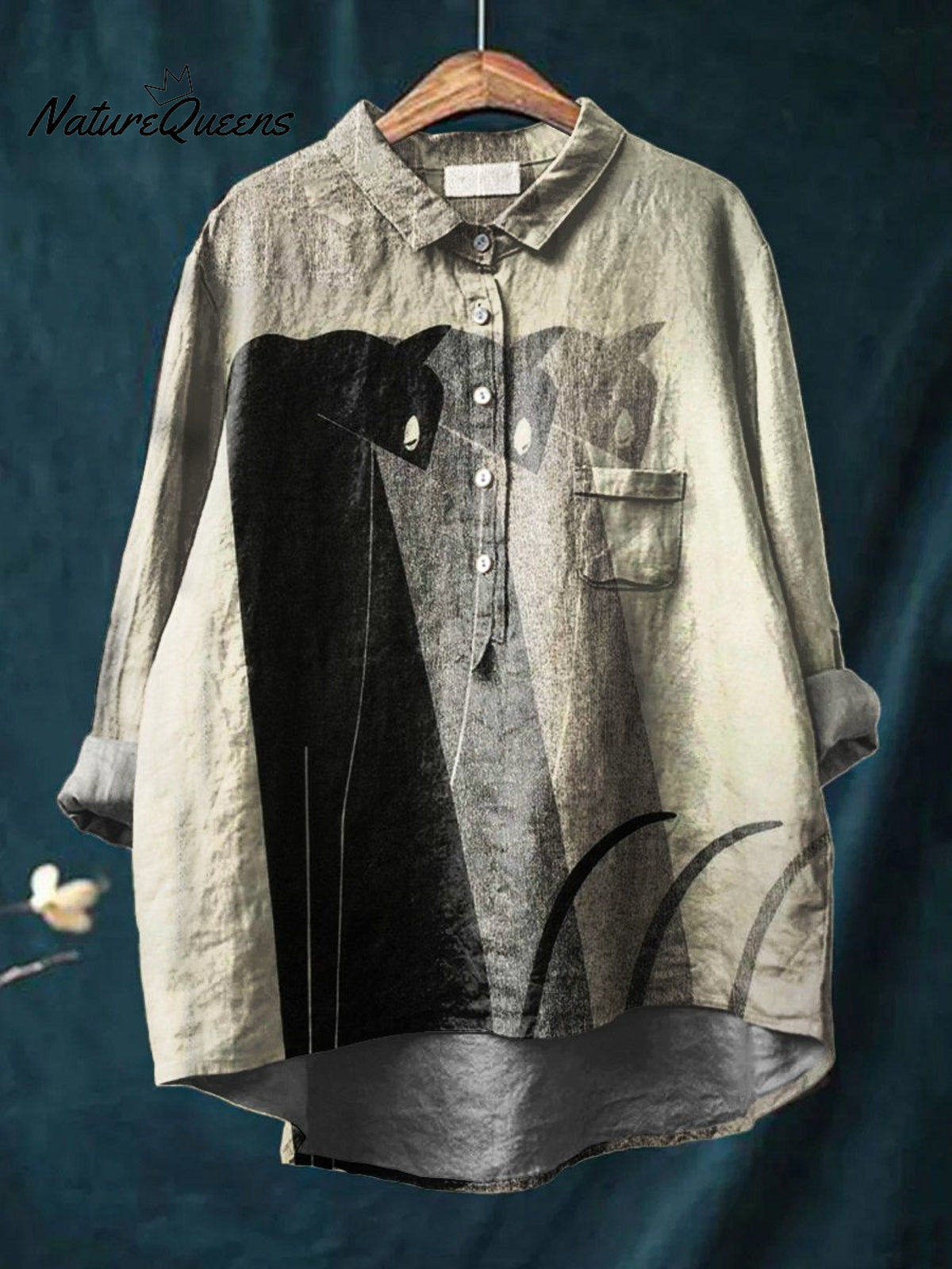 Women's CatArt Print Casual Cotton And Linen Shirt