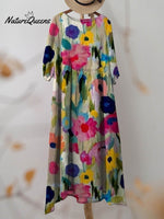 Women's Vintage Floral Art Print Pocket Cotton Dress