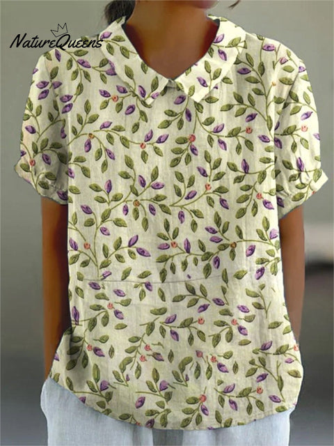 Women's Flower Art Print Casual Cotton And Linen Shirt