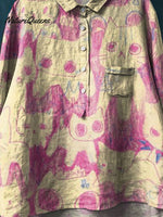 Vintage Funny Cats Art Print Casual Cotton And Linen Shirt