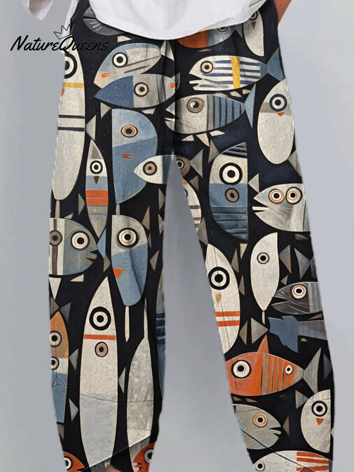 Women's Vintage Lovely Fish Art Printed Cotton And Linen Casual Pants