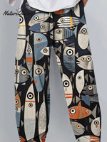 Women's Vintage Lovely Fish Art Printed Cotton And Linen Casual Pants