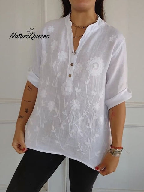 Women's Art Print Casual Cotton And Linen Henry Collar Shirt