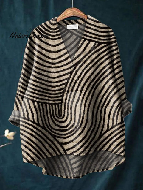 Women's Circular Line Pattern Printed Casual Cotton And Linen V-Neck Shirt