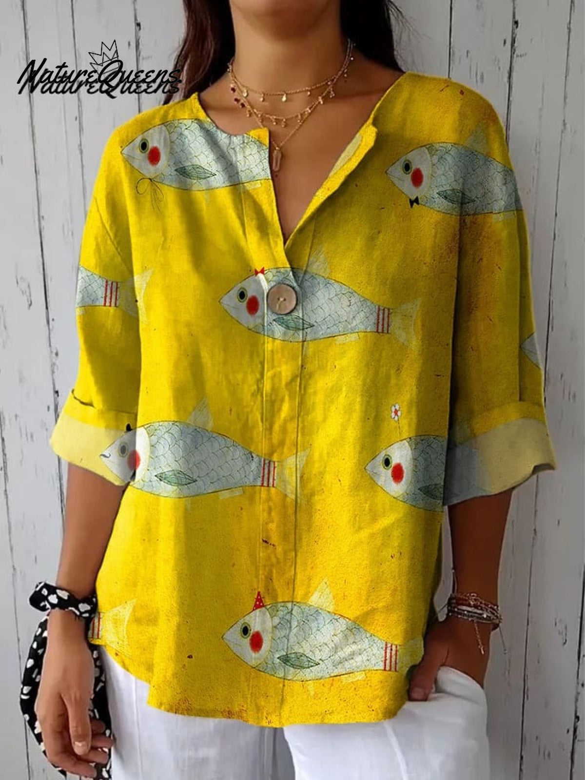 Women's Vintage Fish Art Print Casual Cotton And Linen Shirt