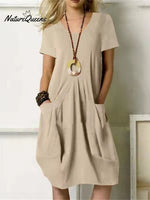 Women’s Round Neck Cotton Linen Casual Dress Khaki / S