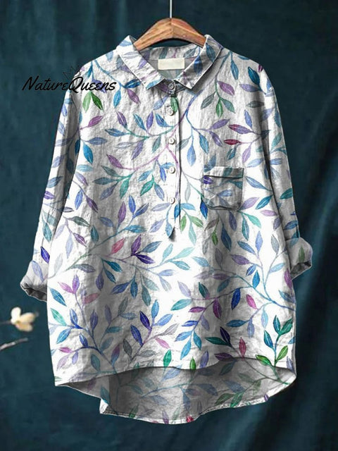 Summer Willow Bough Pattern Printed Women's Casual Cotton And Linen Shirt