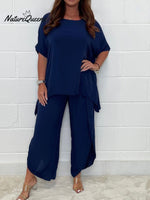 Women's Solid Color Cotton And Linen Short-sleeved Two-piece Suit