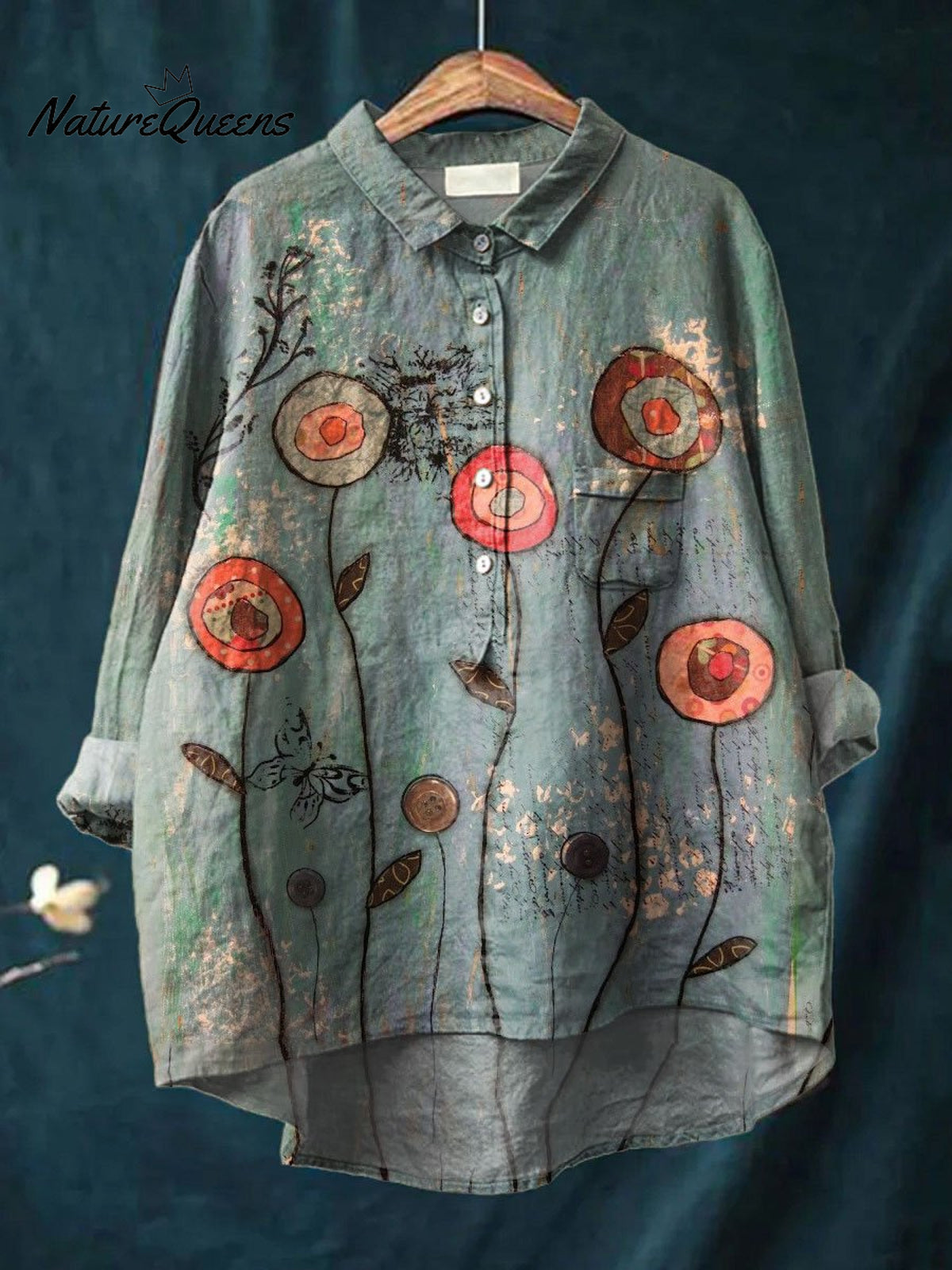 Women's Flower Print Casual Cotton And Linen Shirt