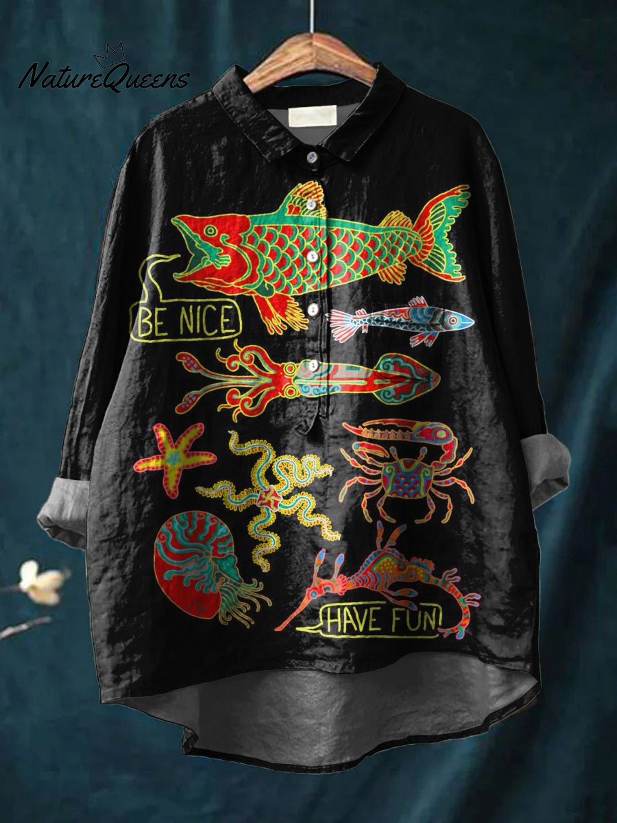 Vintage Lovely Fish Art Print Casual Cotton And Linen Shirt