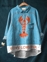 Women's Love Lobster Print Casual Cotton And Linen Shirt