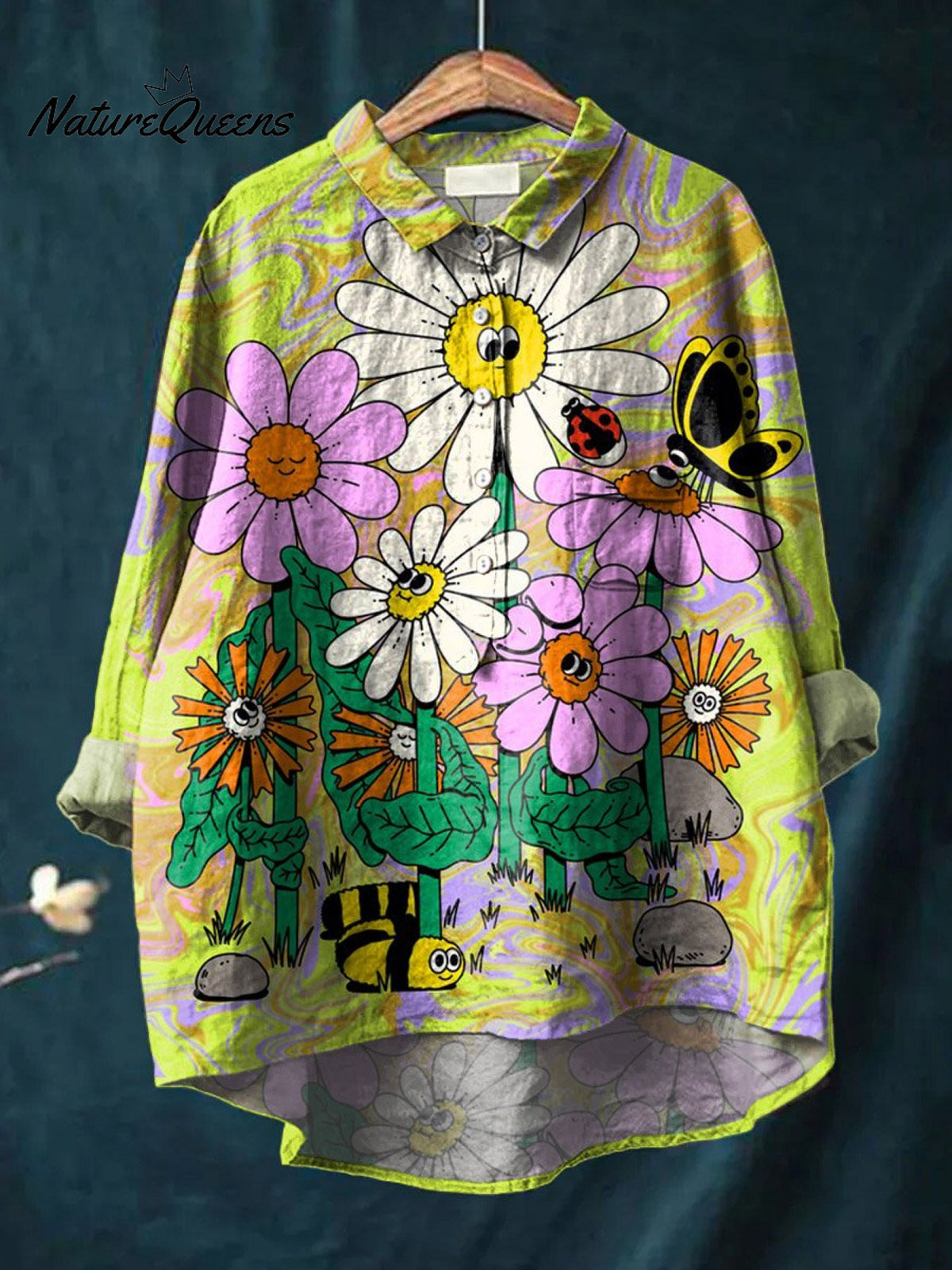 Vintage Lovely Flowers Art Print Casual Cotton And Linen Shirt