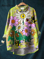 Vintage Lovely Flowers Art Print Casual Cotton And Linen Shirt