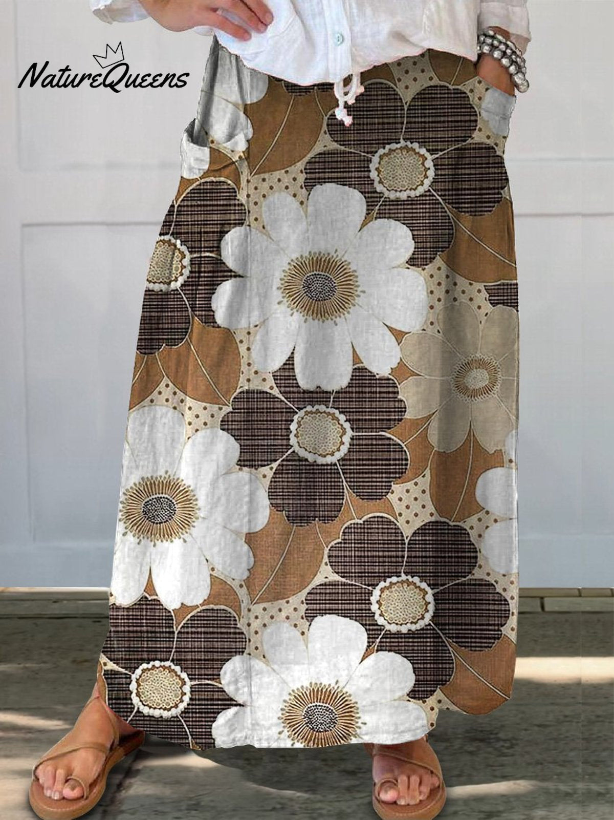 Countryside Patchwork Floral Pattern Printed Women’s Linen Pocket Skirt Multicolor / S