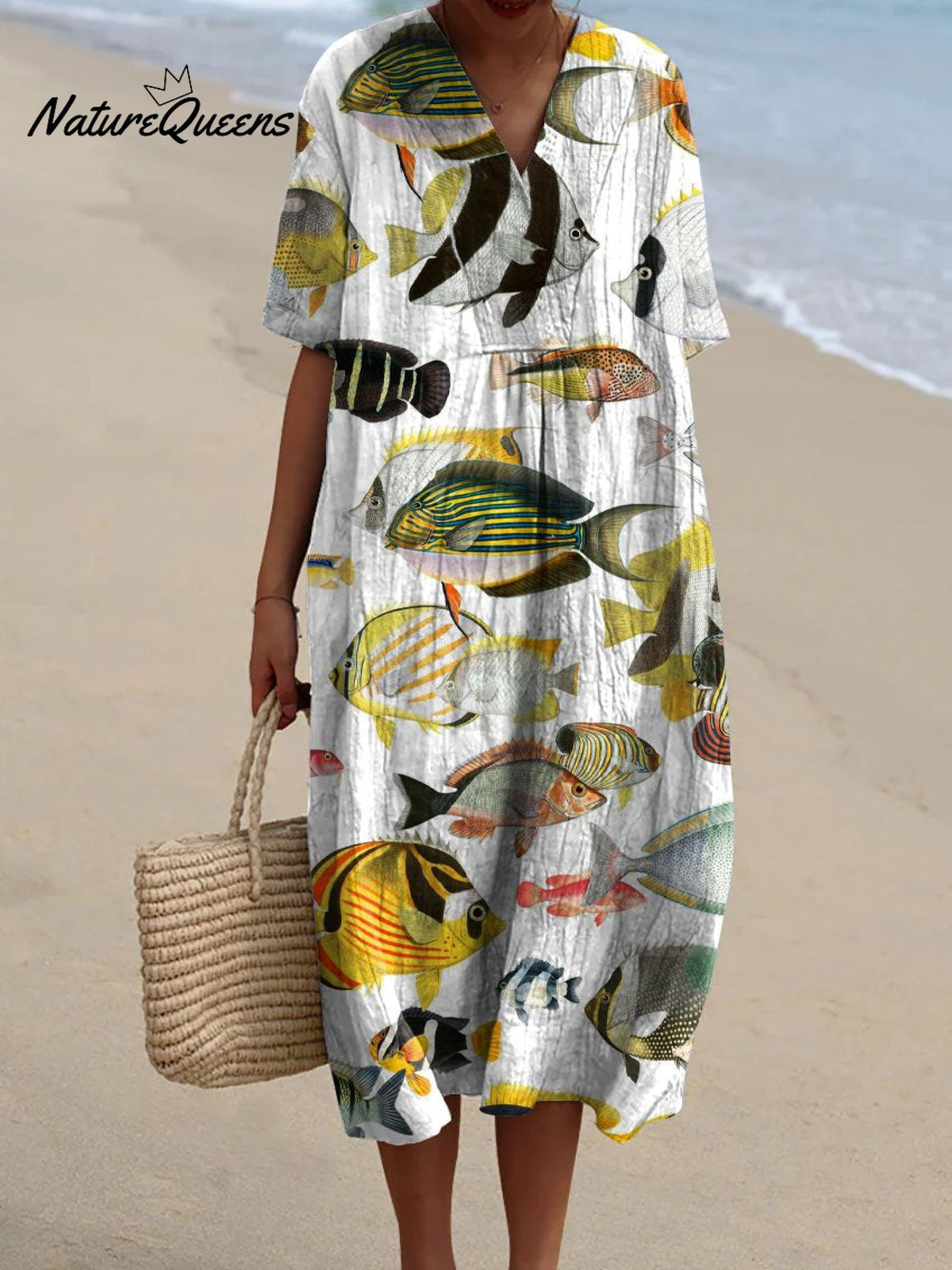 Women's Vintage Lovely Fish Art Print Flowy Dress