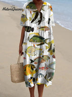 Women's Vintage Lovely Fish Art Print Flowy Dress