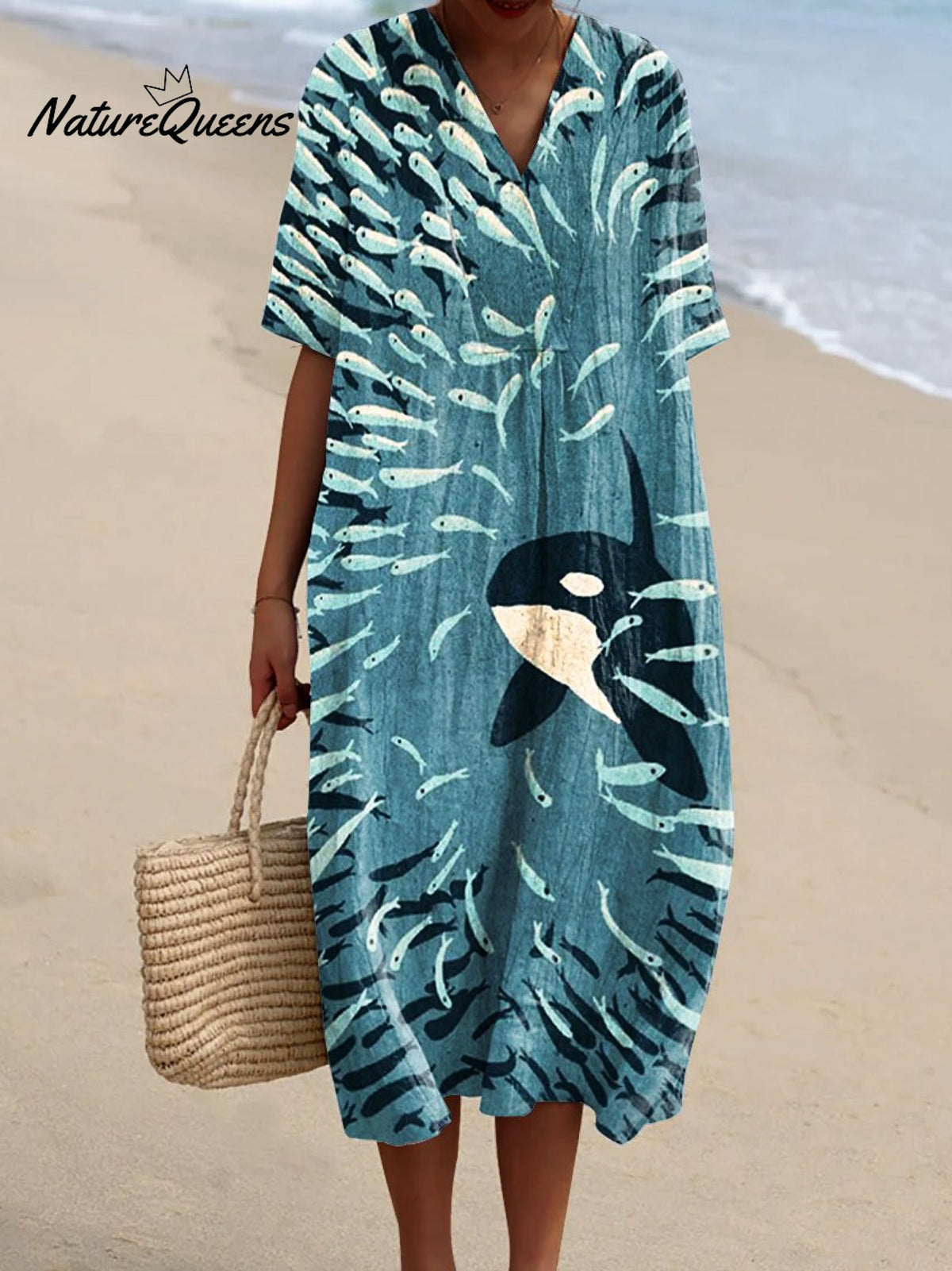 Women's Vintage Fish Killer Whale Art Print Flowy Dress