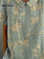 Women’s Retro Floral Art Print Casual Cotton And Linen Shirt