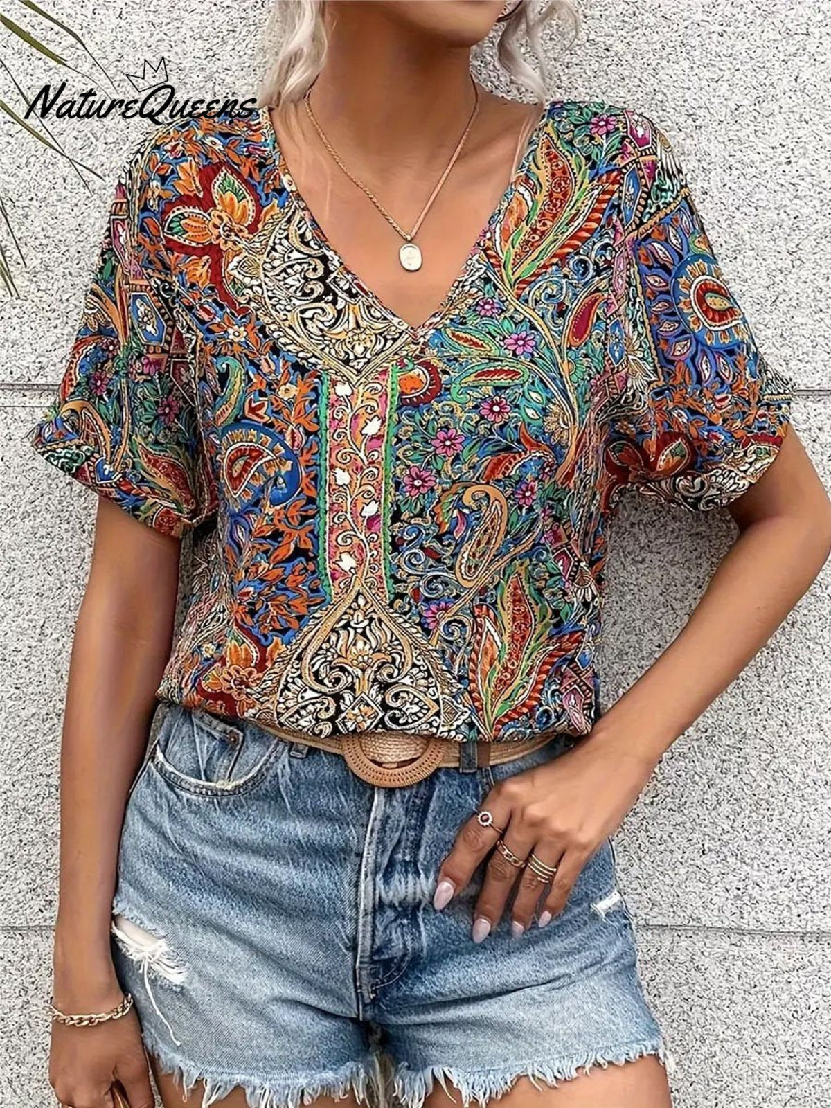 Women’s Casual Bat Sleeve Western Style Trend Printed Loose Top Multicolor / S