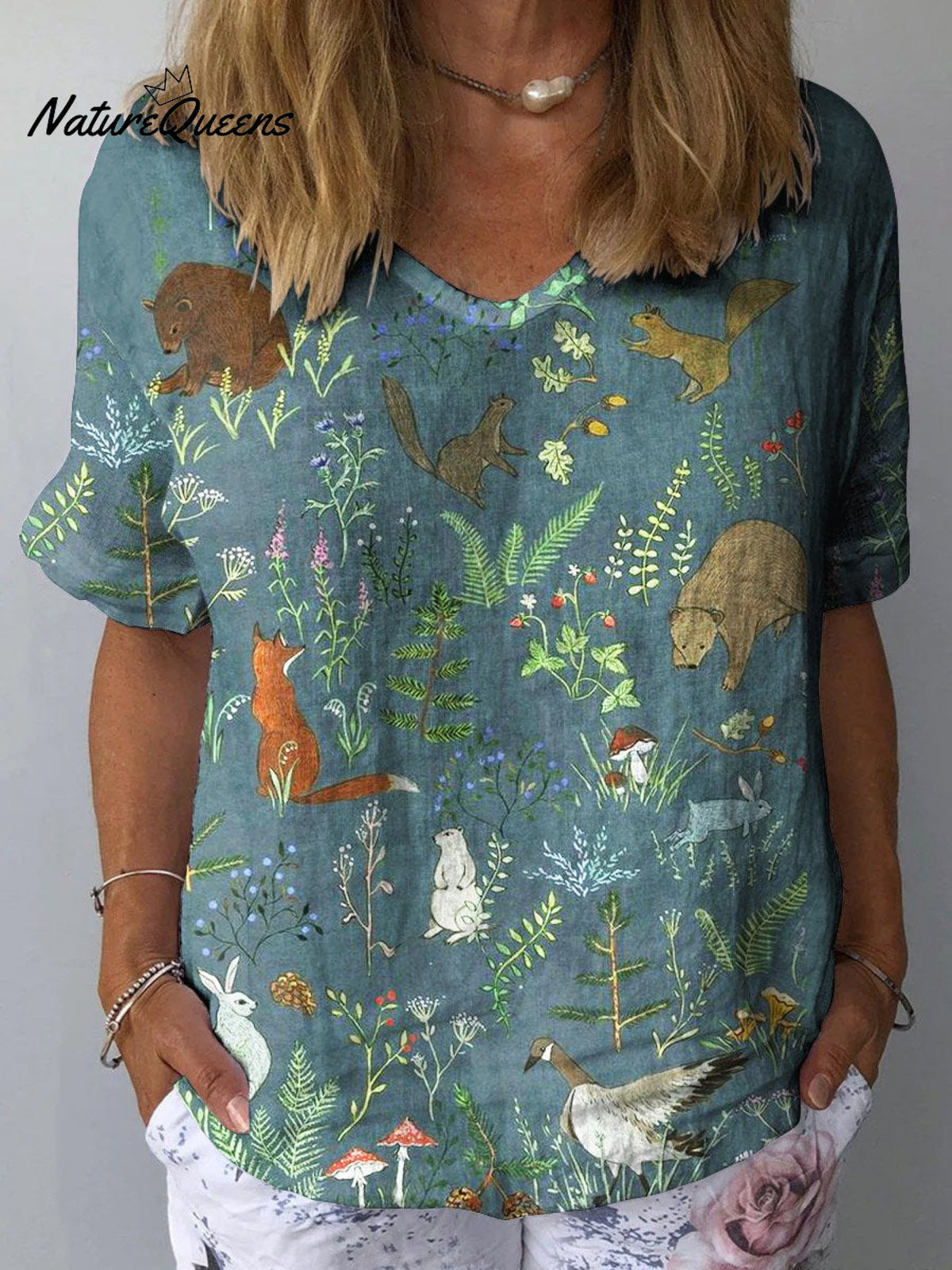 Women’s Lovely Floral Animals Art Print Casual Cotton And Linen Shirt Multicolor / S