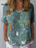 Women’s Lovely Floral Animals Art Print Casual Cotton And Linen Shirt Multicolor / S