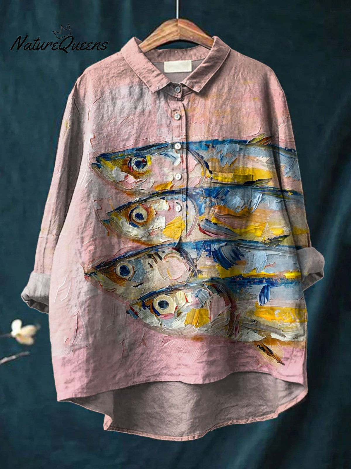 Vintage Lovely Sardines Art Print Casual Cotton And Linen Shirt