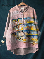 Vintage Lovely Sardines Art Print Casual Cotton And Linen Shirt