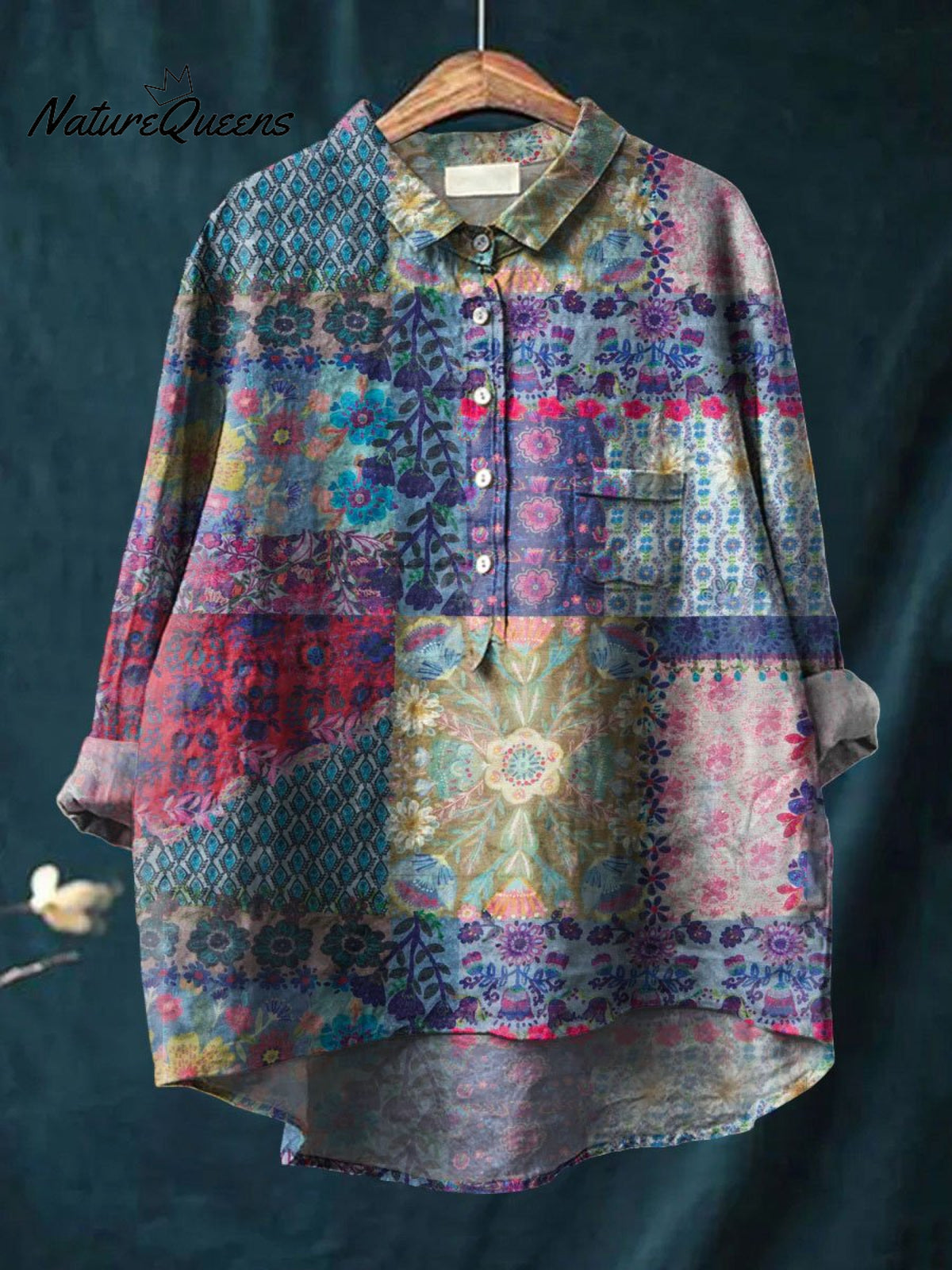 Women's Flower Art Print Casual Cotton And Linen Shirt