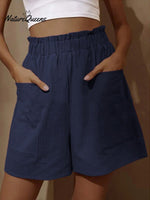 Cotton And Linen Wear High - Waisted Shorts With Buds Navy Blue / S