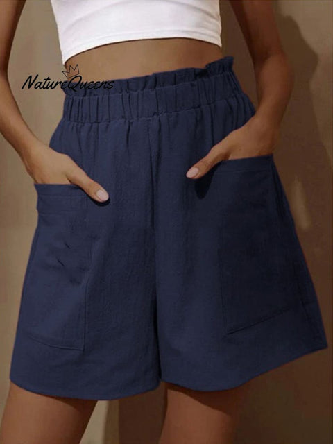 Cotton And Linen Wear High - Waisted Shorts With Buds Navy Blue / S