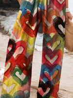 Women's Vintage Lovely Hearts Art Printed Cotton And Linen Casual Pants