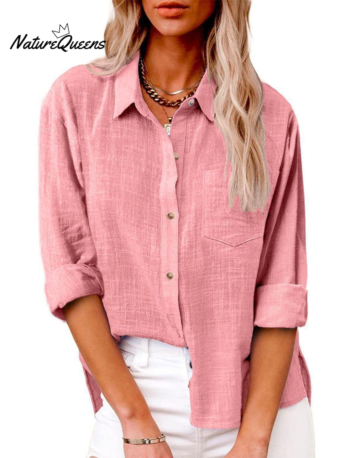 Women's Slit Cotton and Linen Long-sleeved Shirt