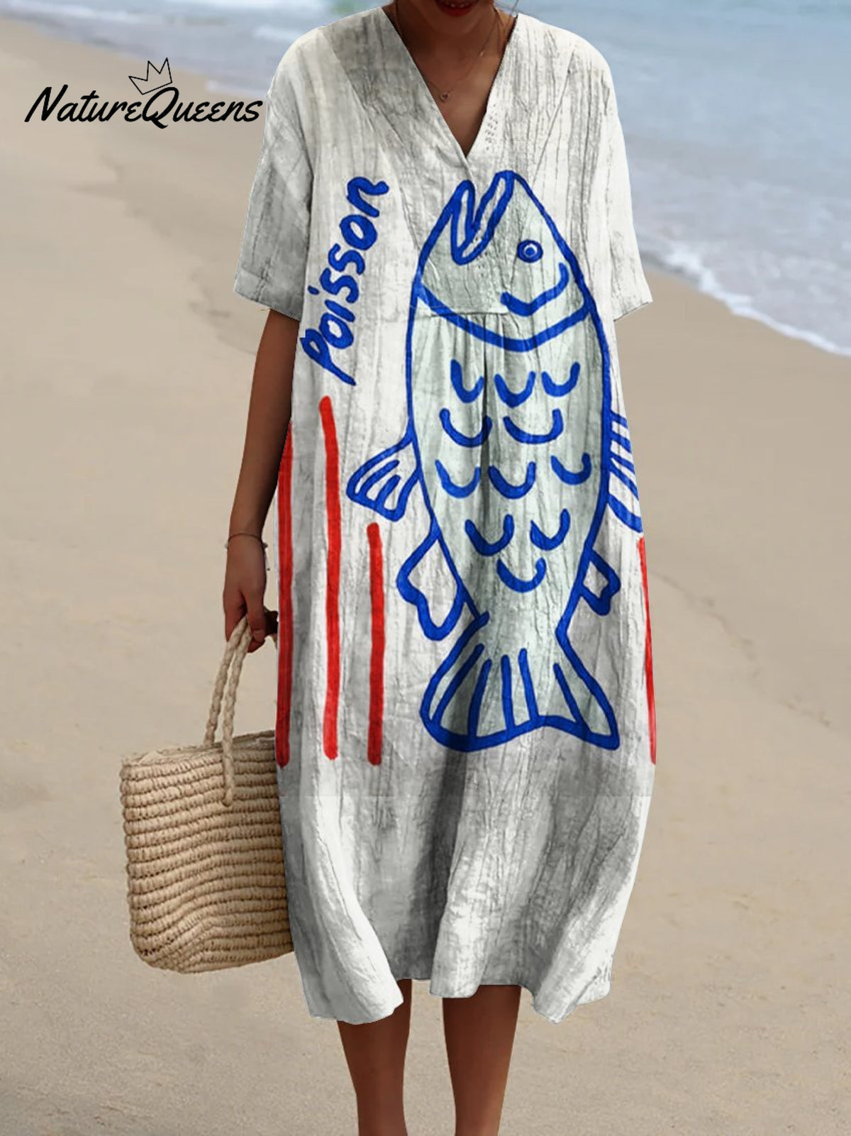 Women's Red Stripes of Blue Fish Watercolor Splash Fluid Art Print Flowy Dress