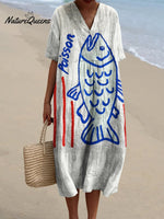 Women's Red Stripes of Blue Fish Watercolor Splash Fluid Art Print Flowy Dress