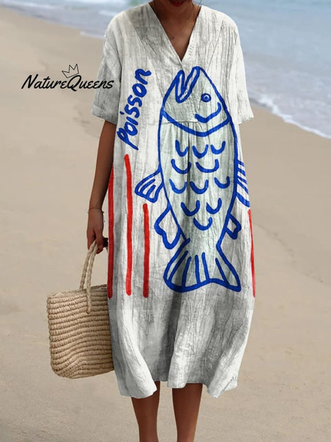 Women's Red Stripes of Blue Fish Watercolor Splash Fluid Art Print Flowy Dress