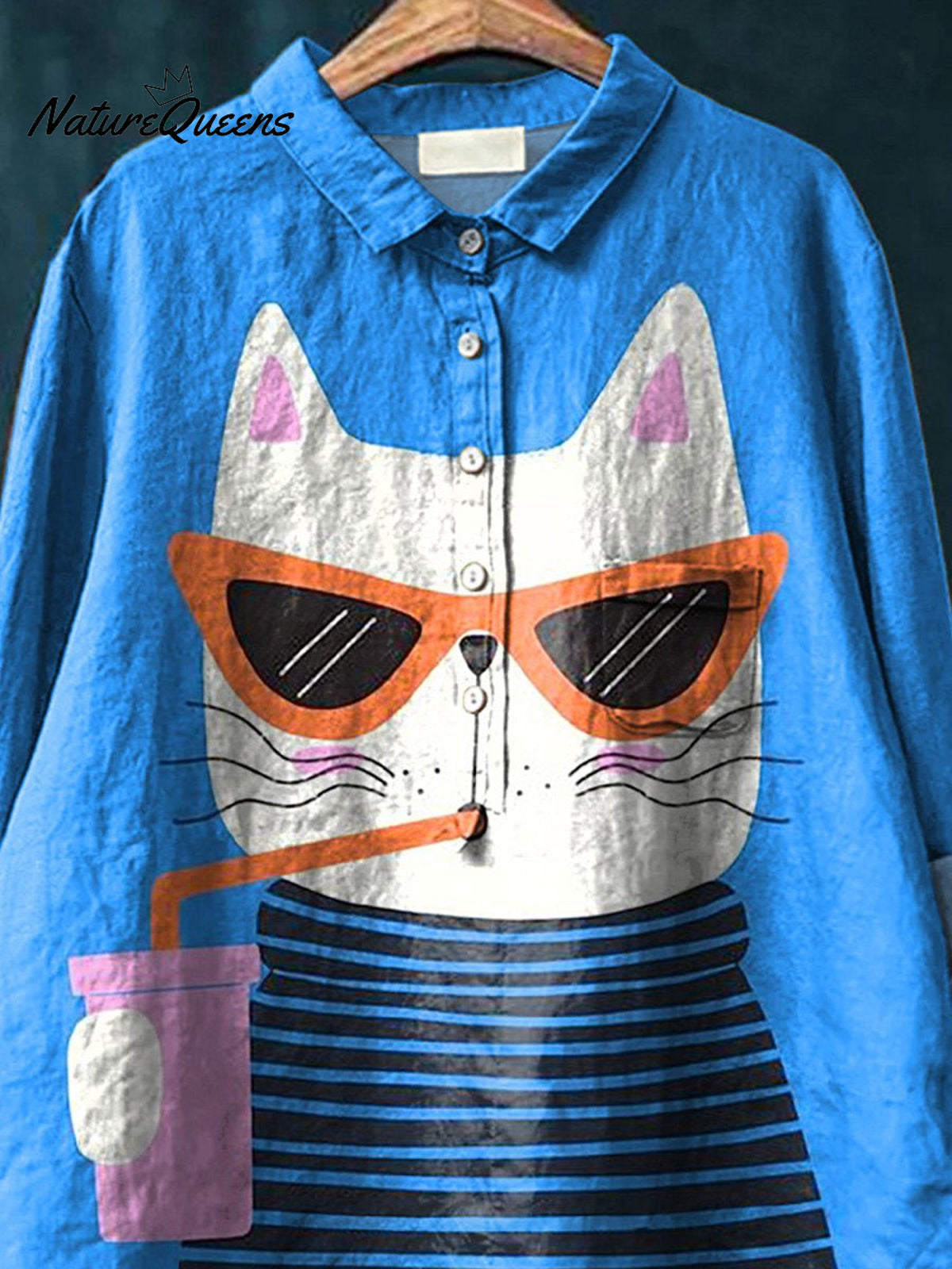 Cartoon Cat In Summer Graphic Printed Women's Casual Cotton And Linen Shirt