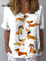 Women's Dachshund Art Print Casual Cotton And Linen Shirt