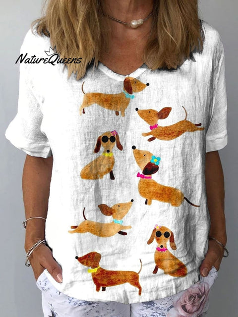 Women's Dachshund Art Print Casual Cotton And Linen Shirt