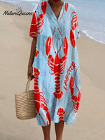 Women's Vintage Lobster Art Print Flowy Dress