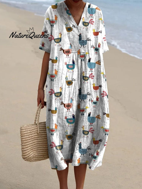 Lovely Cartoon Hen Pattern Printed Women's Flowy Dress