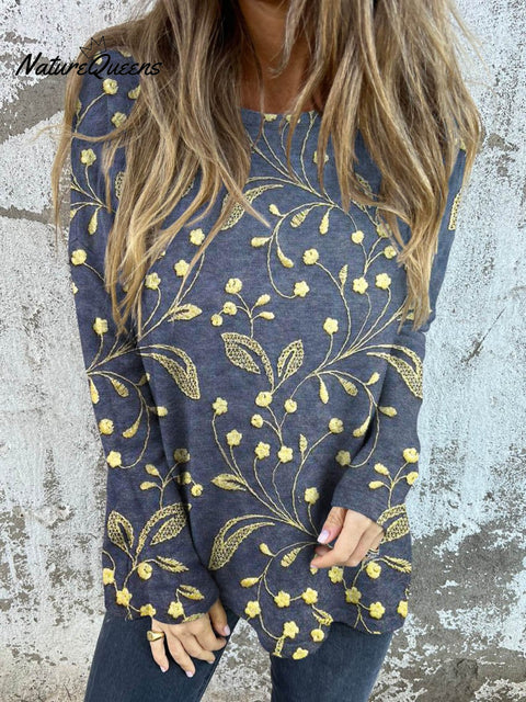 Women's Vintage Lovely Floral Art Print Button Back Casual Knitted Shirt