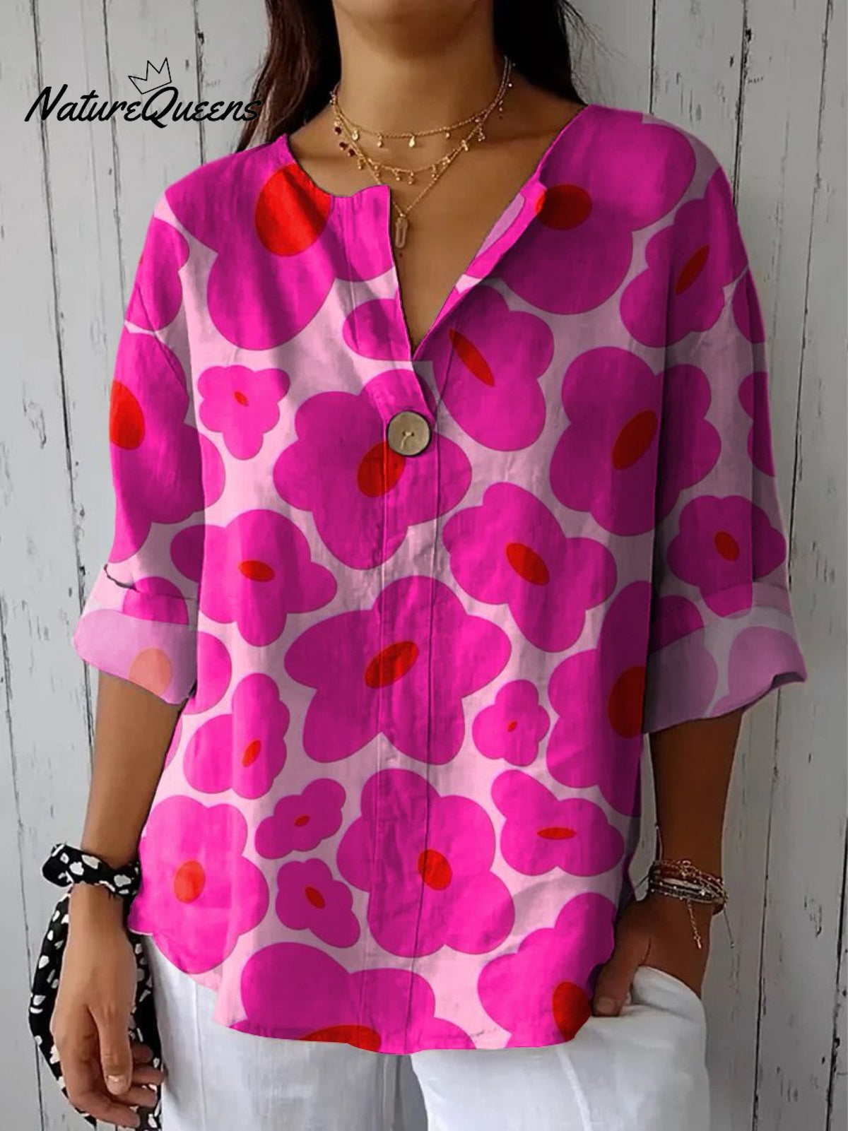 Vibrant Pink Floral Pattern Printed Women's Casual Cotton Linen Shirt