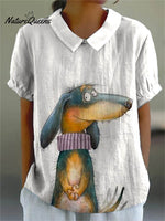 Women's Vintage Lovely Dog Art Print Casual Cotton And Linen Shirt