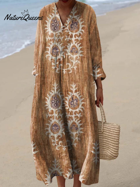 Women's Vintage Ethnic Floral Art Print Cotton Dress