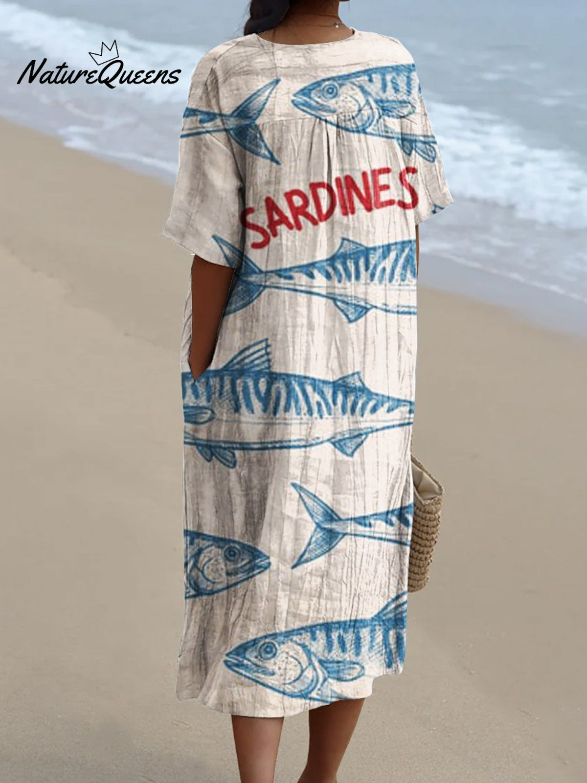 Women's Simple Blue Sardines Watercolor Splash Fluid Art Print Flowy Dress