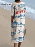 Women's Simple Blue Sardines Watercolor Splash Fluid Art Print Flowy Dress