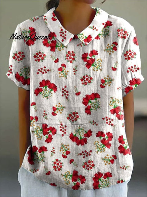 Women's Flower Print Casual Cotton And Linen Shirt