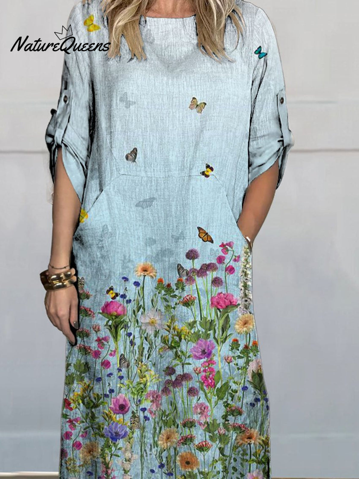 Women’s Flowers Art Print Comfortable Linen Pocket Dress